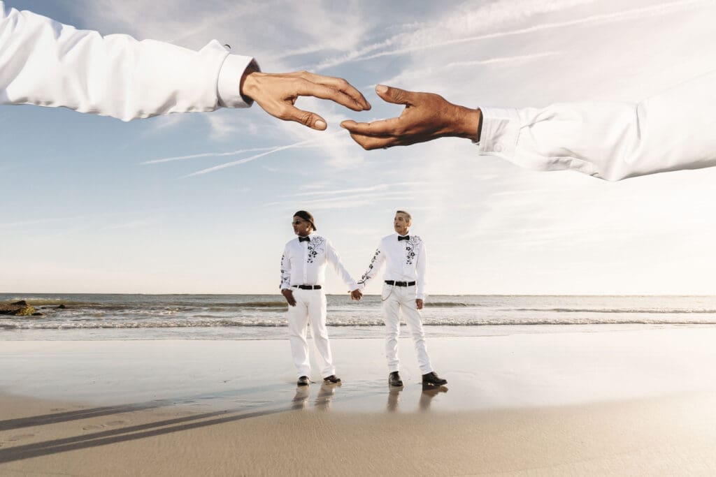 Double exposure of gay couple getting married on the on beach 